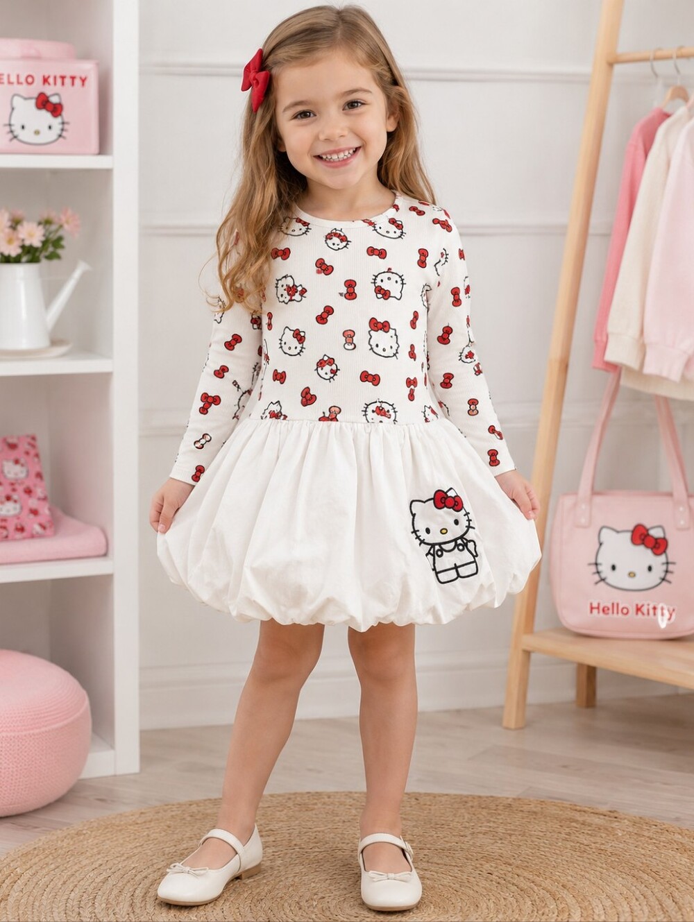 Hello Kitty Bubble Hem Dress 4T White Sanrio Long Sleeve